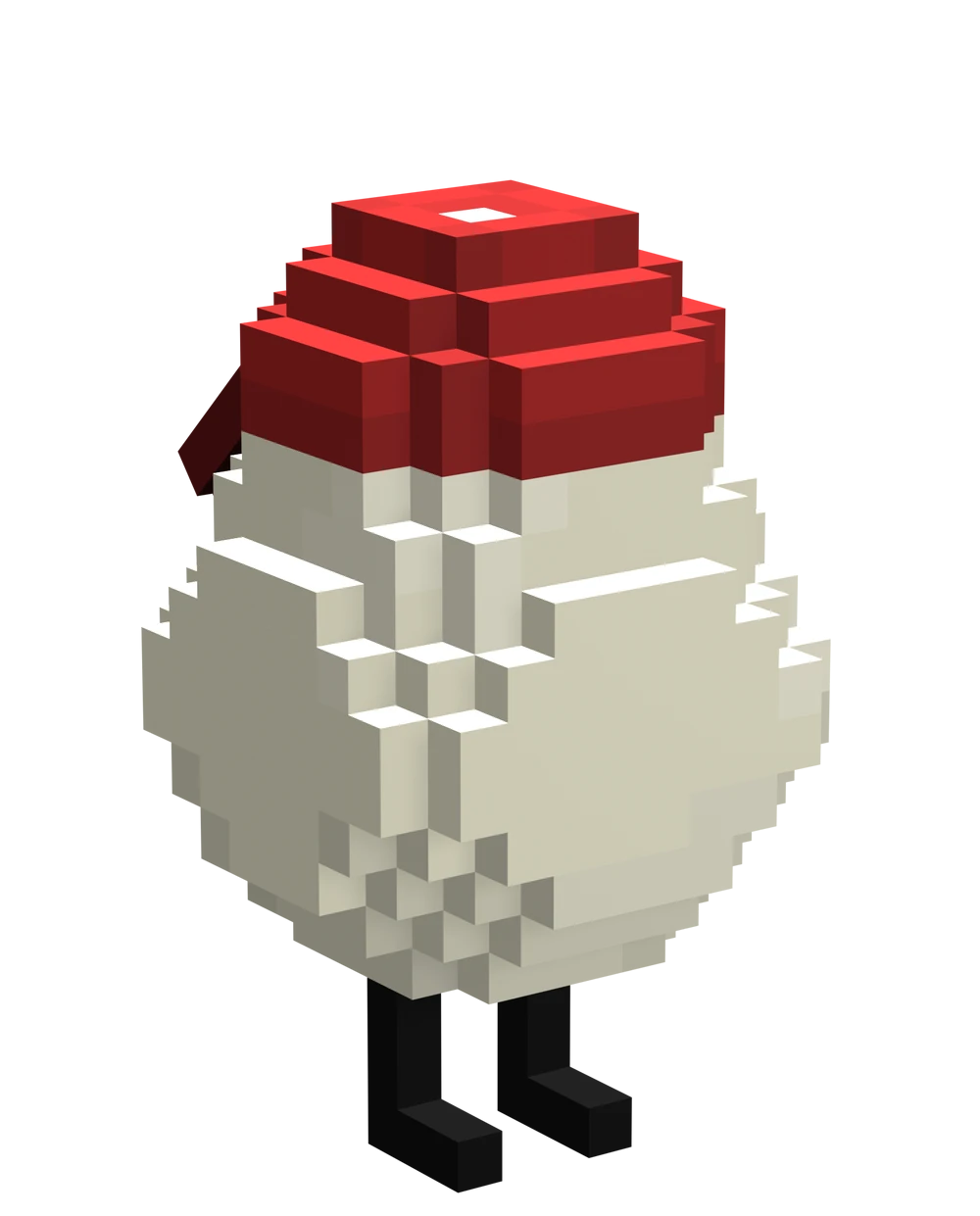 Leo's original look. This is a custom Minecraft model of the plain white circular egg, but Leo wears a bright red backwards baseball cap. It blends in with the point of the egg, fitting snugly. Two thin black legs support the egg.